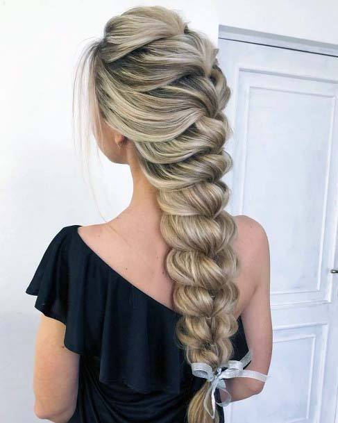 Girl With Long Blonde Hair Thick Braided Style Pretty Bow