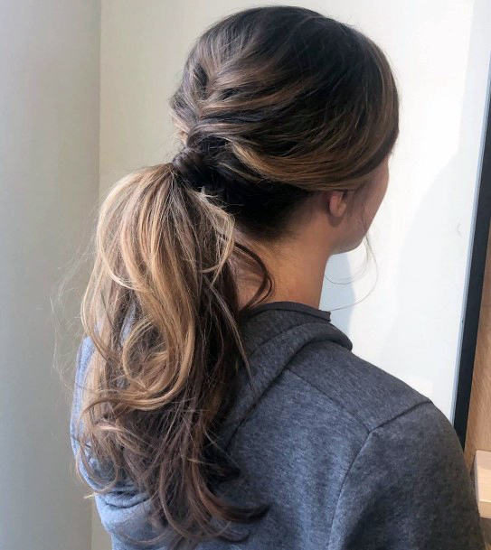 Girl With Medium Brown Prom Hair Pulled Into Messy Ponytail