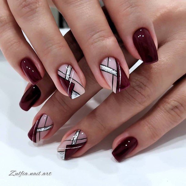 Girl With Nail Art Nail Dark Red Pattern