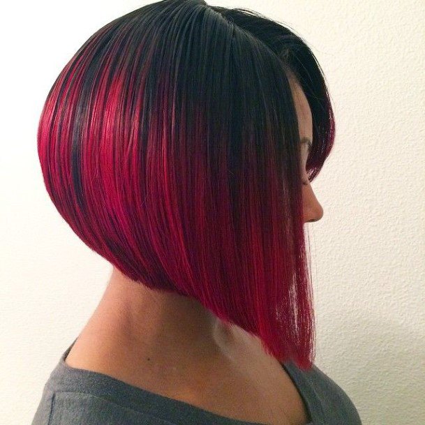 Girl With Shiny Chin Length Hair Burgundy Red Ends Inverted Wedge Cut