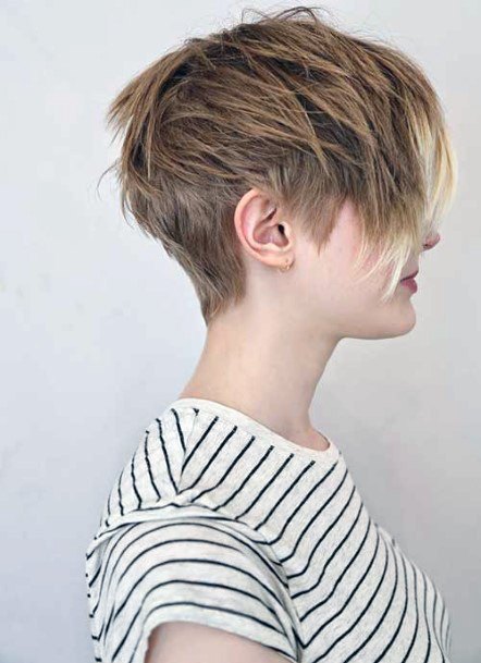 Girl With Short Razor Cut Dark Honey Blonde Hair Textured Front Layers