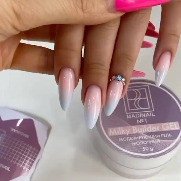 Girl With Stupendous Almond Sharp Pink Ombre Art Nails