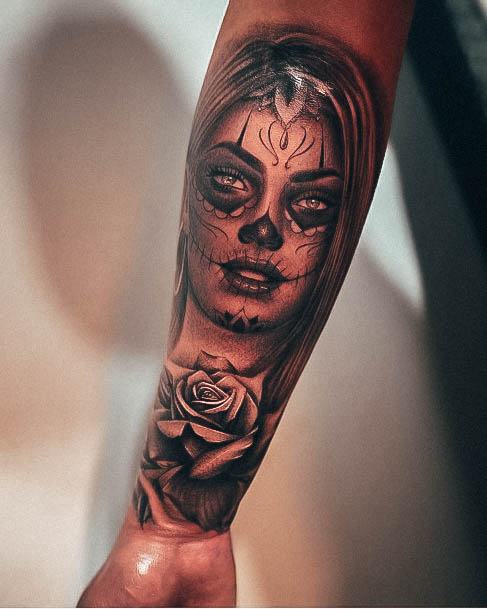 Girl With Stupendous Day Of The Dead Tattoos