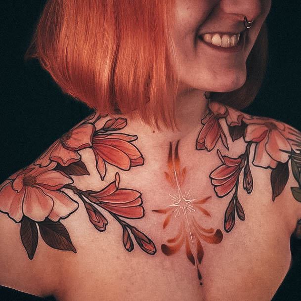 Girl With Stupendous Flower Shoulder Tattoos