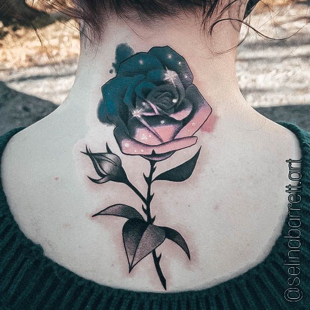 Girl With Stupendous Galaxy Tattoos Rose Flower Neck