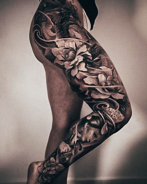 Girl With Stupendous Leg Sleeve Tattoos