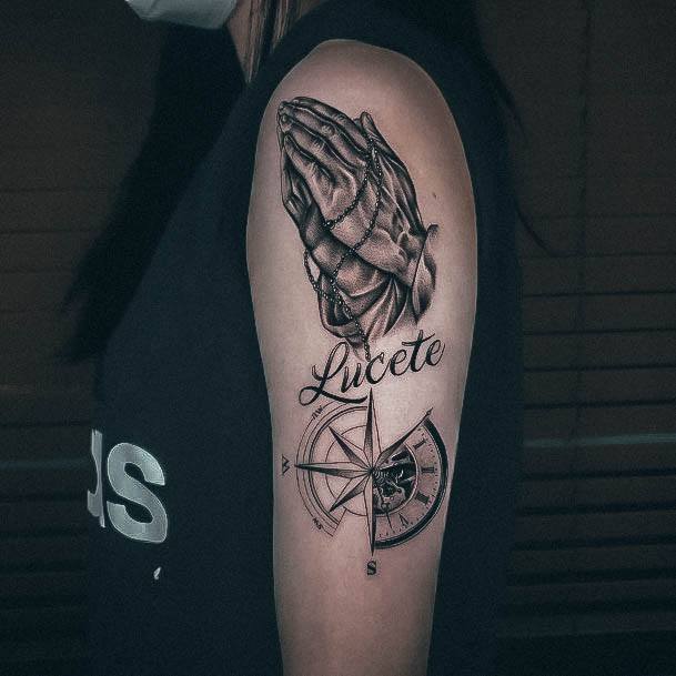 Girl With Stupendous Praying Hands Tattoos Arm