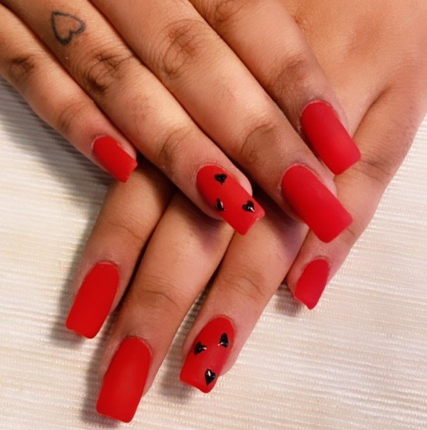 Girl With Stupendous Red And Black Matte Nails