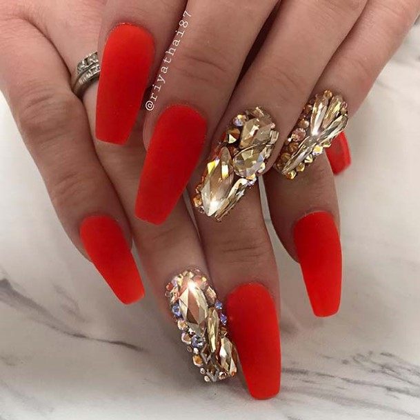 Girl With Stupendous Red With Diamond Rhinestones Nails