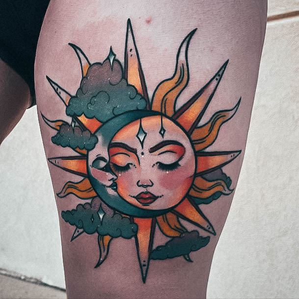 Girl With Stupendous Sun And Moon Tattoos