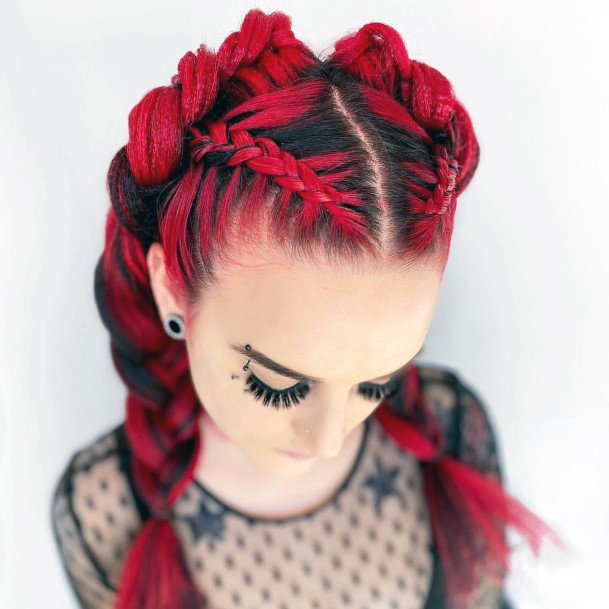 Girl With Thick Black Hair And Double Dutch Bright Red Braids