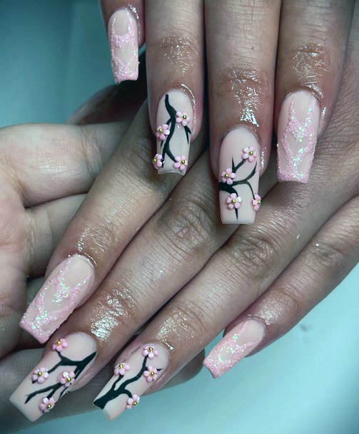 Girls Cherry Blossom Sakura Fingernails Designs