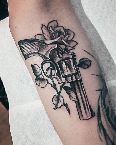 Girls Designs Gun Tattoo Rose Flower Forearm