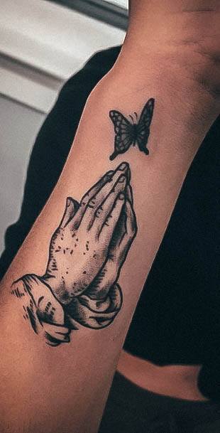 Girls Designs Praying Hands Tattoo With Butterflyq