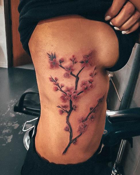 Girls Designs Rib Tattoo Cherry Blossom