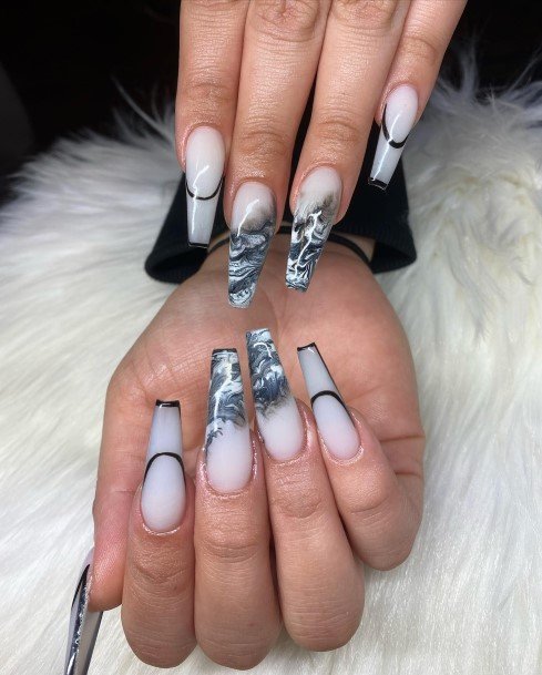 Girls Glamorous Black And White Marble Nail Inspiration