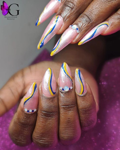 Girls Glamorous Blue And Yellow Nail Inspiration