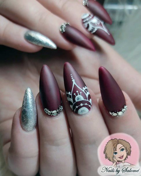 Girls Glamorous Maroon White Nail Inspiration