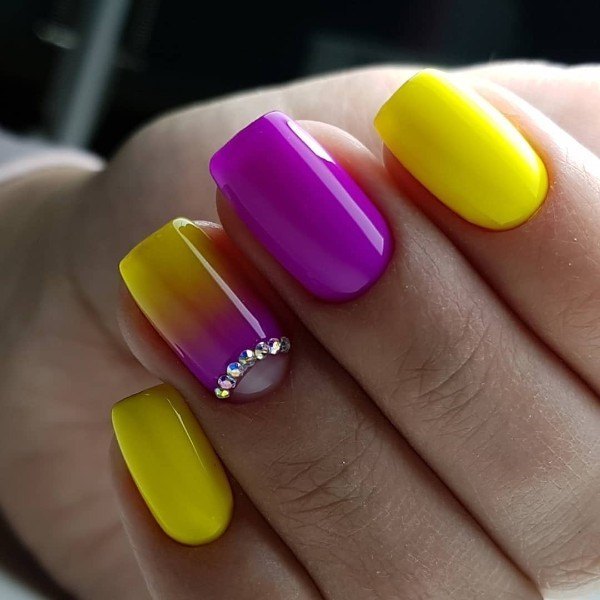 Girls Glamorous Purple And Yellow Nail Inspiration
