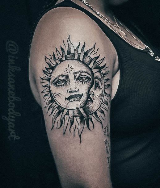 Girls Glamorous Sun And Moon Tattoo Inspiration