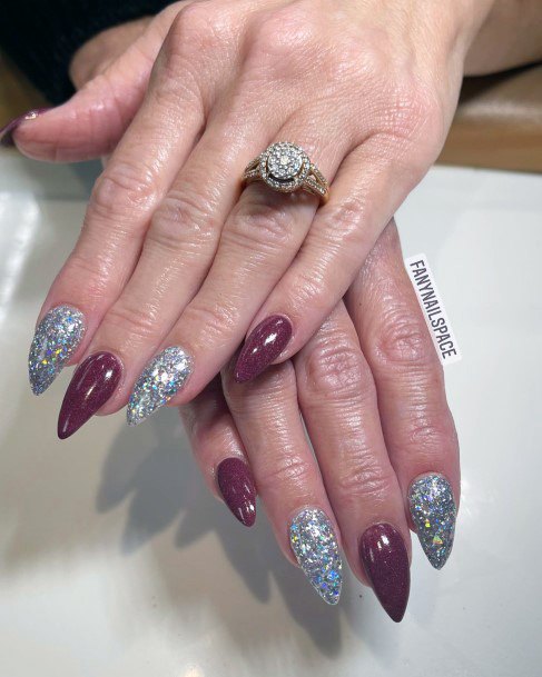 Girls Maroon And Silver Fingernails Designs