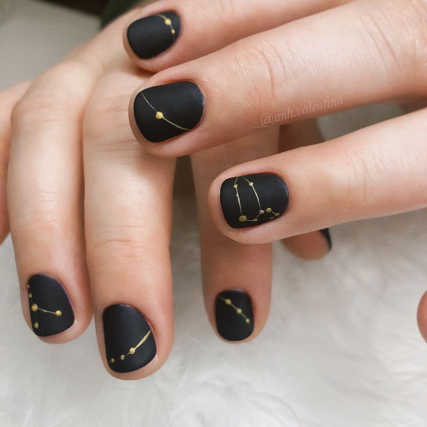 Girls Matte Black And Gold Fingernails Designs