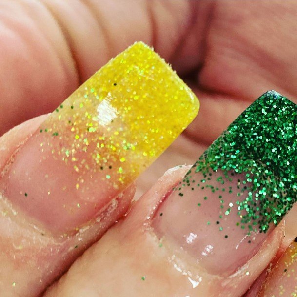 Girls Nails With Green And Yellow