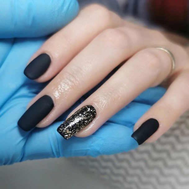 Girls Nails With Matte Black And Gold