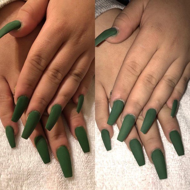 Girls Nails With Matte Green