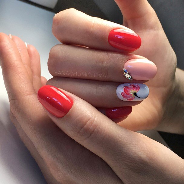 Girls Nails With Red With Diamond Rhinestones