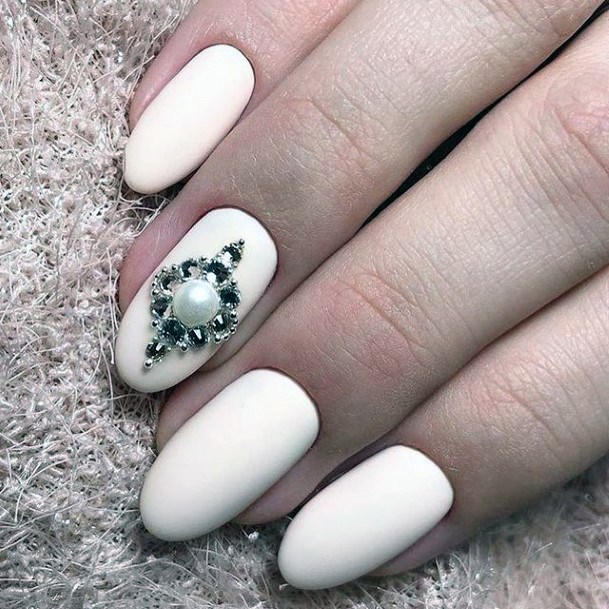 Girls Nails With White With Rhinestones