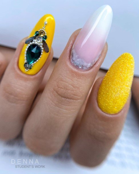 Girls Nails With Yellow With Diamonds