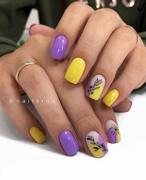 Girls Purple And Yellow Fingernails Designs