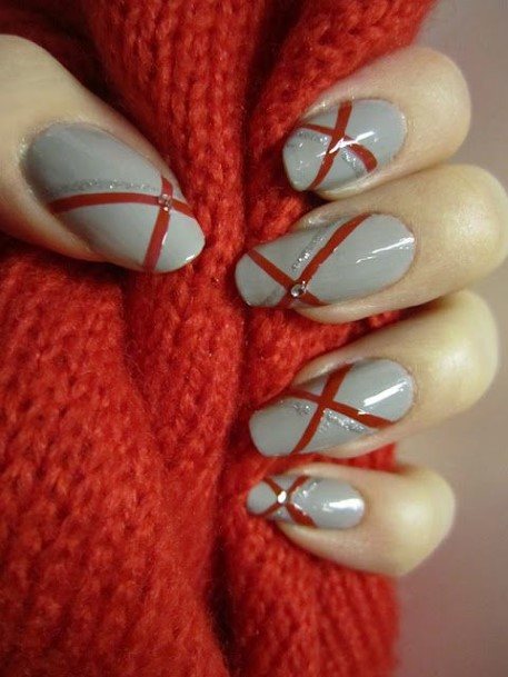 Girls Red And Grey Fingernails Designs