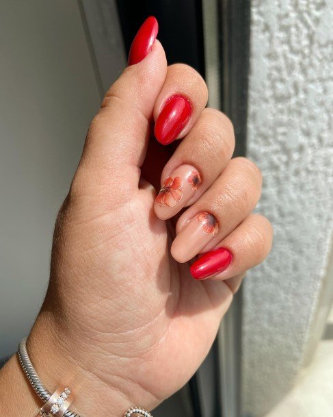 Girls Red And Nude Fingernails Designs