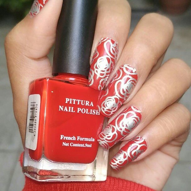 Girls Red And Silver Fingernails Designs