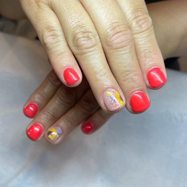 Girls Red And Yellow Fingernails Designs