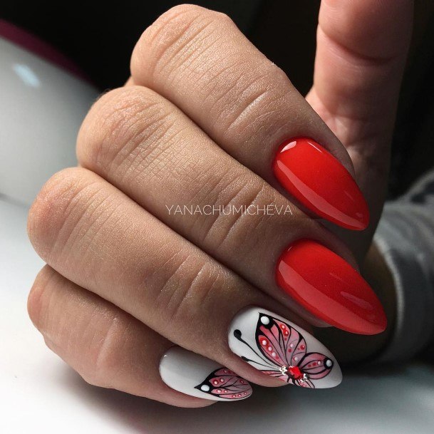 Girls Red With Diamond Rhinestones Fingernails Designs