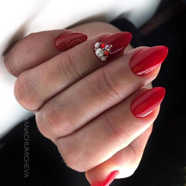 Girls Red With Diamond Rhinestones Nail Art Ideas