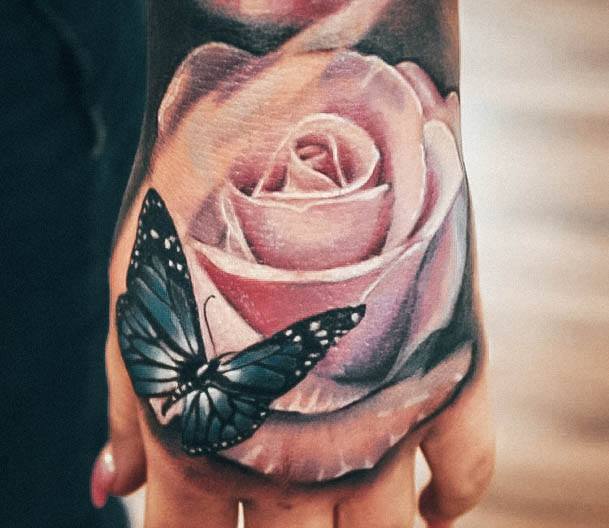 Girls Rose Hand Tattoo Designs 3d With Butteryflyq