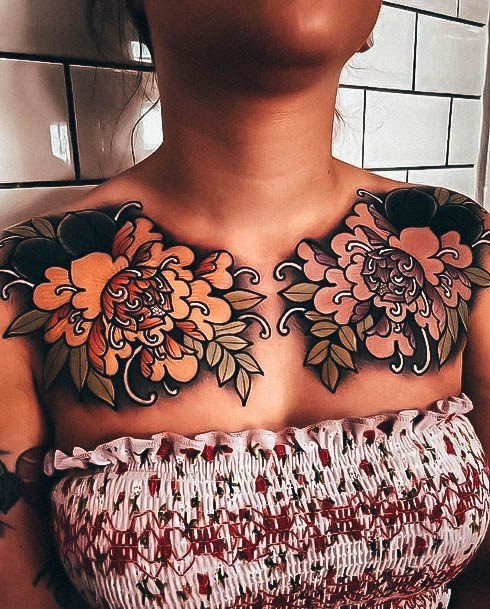 Girls Tattoos With Neo Traditional Flowers Chest Collar Bone