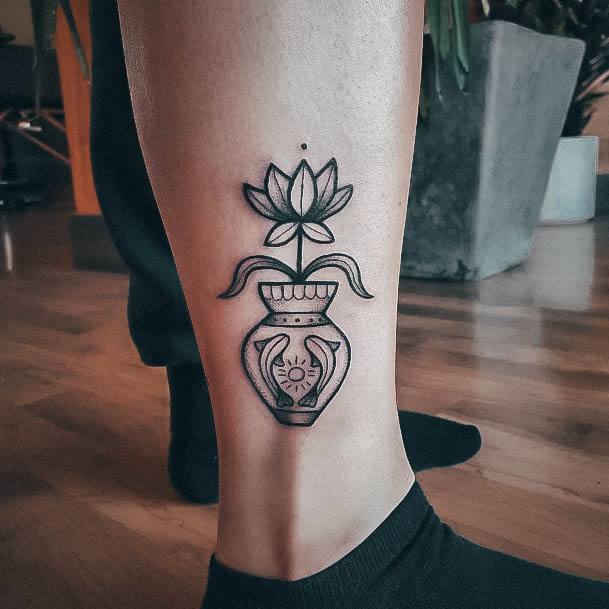 Girls Tattoos With Pisces Vase With Fower Lower Leg