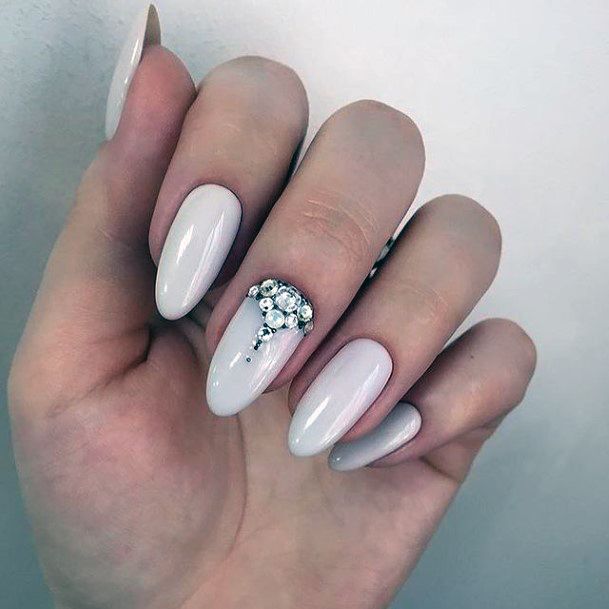 Girls White With Rhinestones Fingernails Designs