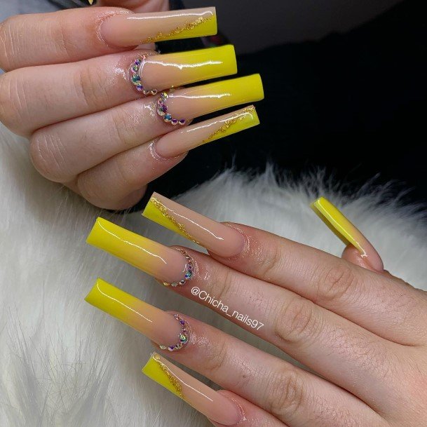 Girls Yellow With Diamonds Nail Art Ideas