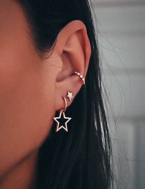 Girly And Cute Double Lobe Stars And Beautiful Conch Hoop Piercing Ideas For Girls