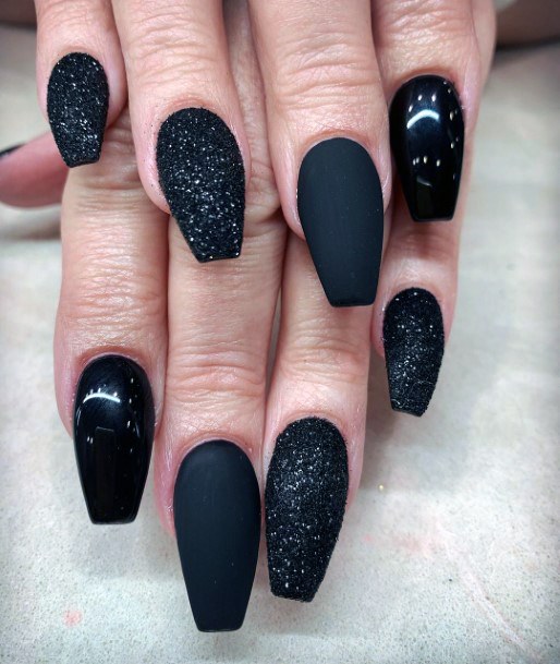 Girly Gothic Matte Glossy Black Sparkly Nails Inspiration For Women