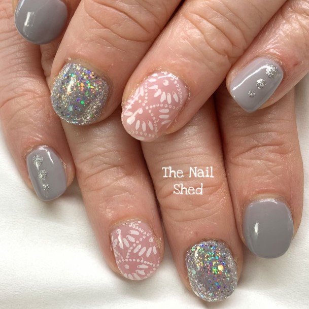 Girly Grey With Glitter Designs For Fingernails
