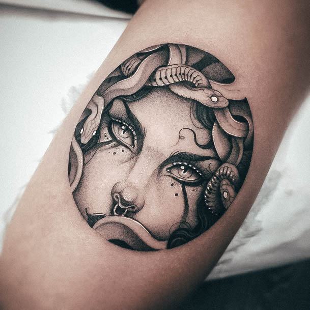 Girly Neo Traditional Tattoo Ideas Circle Medusa Themed