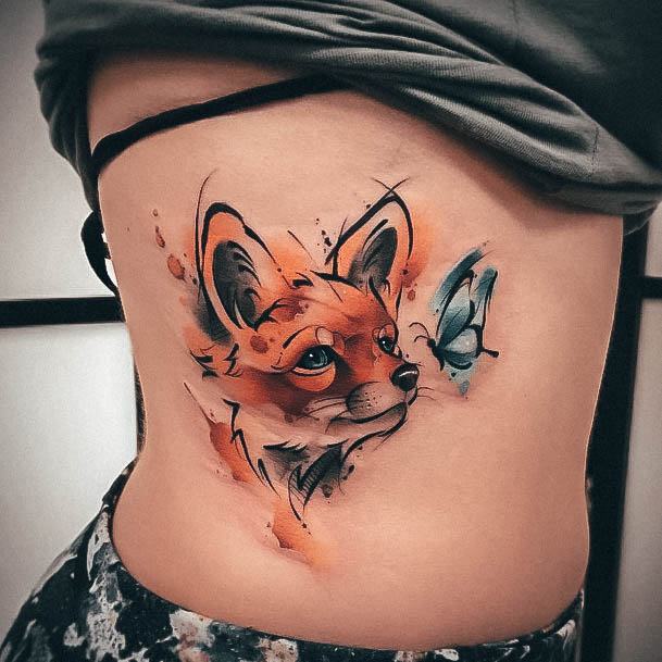 Girly Tattoos For Girls Fox With Butterfly Rib Cage Side