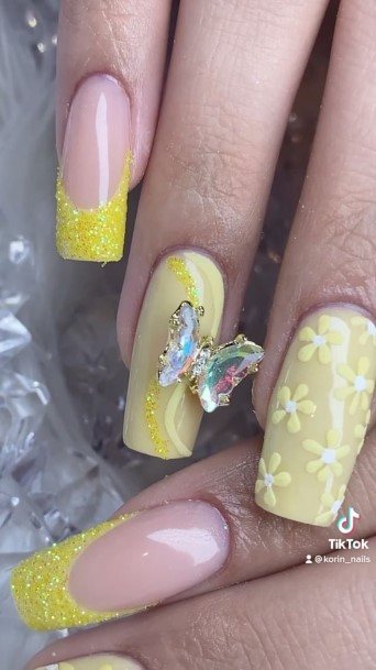 Girly Yellow With Diamonds Nails Ideas